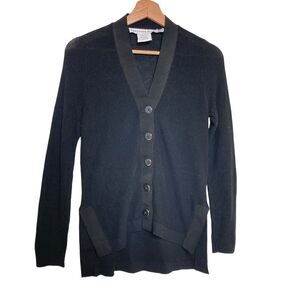 Gretchen Scott Womens XS Black Sweater Cardigan Gold Buttons Side Slits HiLo Hem